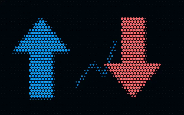 Up and down arrows made of red and blue dots: long and short positions