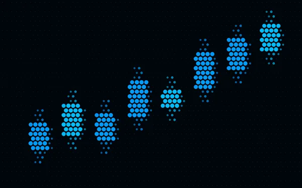Rising candlestick chart made of blue dots: tokenized US stocks