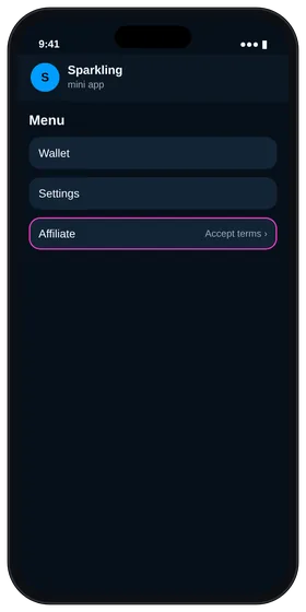 Sparkling menu with the Affiliate section and terms