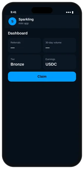 Sparkling affiliate dashboard showing referrals and USDC earnings