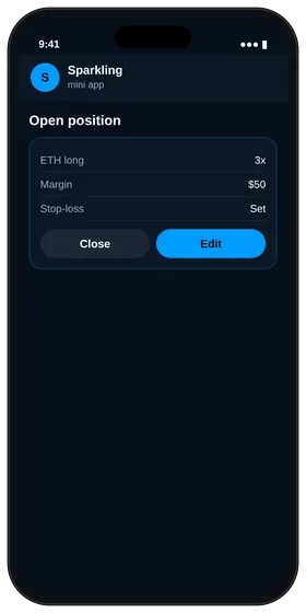 Sparkling open ETH long position with stop-loss and close options