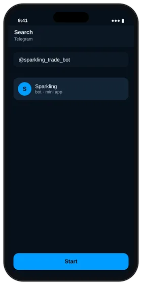 Telegram search showing @sparkling_trade_bot with a Start button