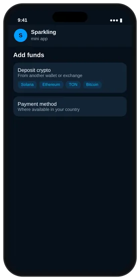 Sparkling Add funds screen with crypto deposit and supported payment method options