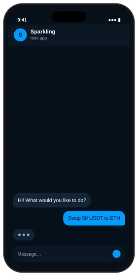 Sparkling chat with the message “swap 50 USDT to ETH” while the agent prepares the trade