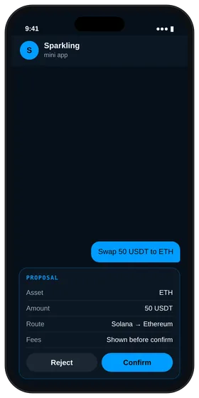 Sparkling proposal card with asset, amount, route and fees and a Confirm button