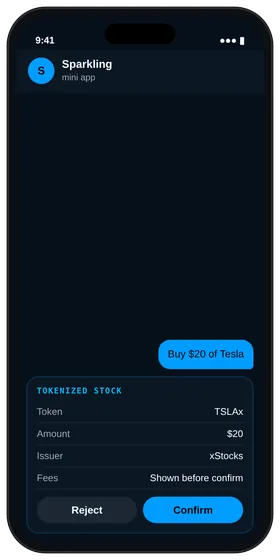 Sparkling proposal for tokenized Tesla shares with amount, price and fees