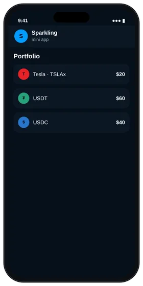 Sparkling portfolio showing tokenized Tesla shares next to crypto