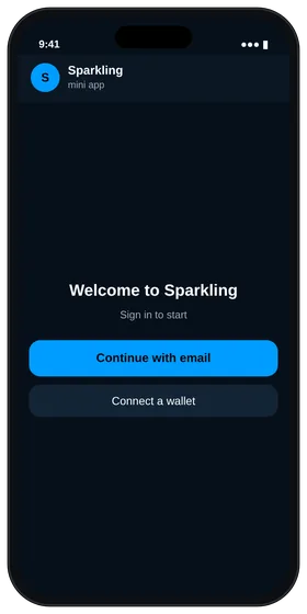 Sparkling sign-in screen inside Telegram with email and wallet options