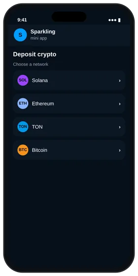 Sparkling deposit screen with networks Solana, Ethereum, TON and Bitcoin