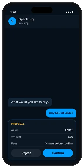 Sparkling chat with the request “buy $50 of USDT”