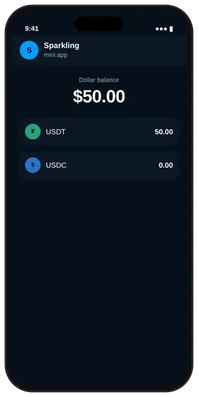 Sparkling dollar balance showing USDT after a confirmed purchase